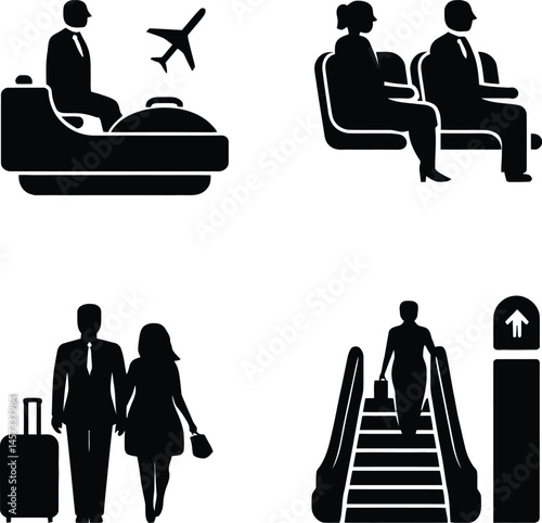 Airport travel icons set passenger waiting lounge escalator couple baggage airplane transportation vector