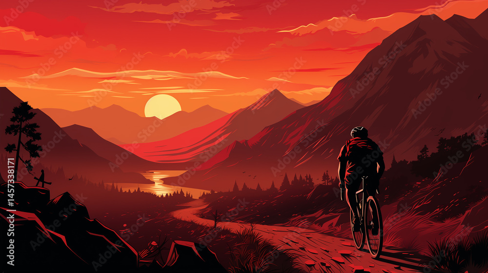 Fototapeta premium Lone Cyclist With Adventurous Spirit Riding Toward Valley Sunset On Gravel Mountain Road