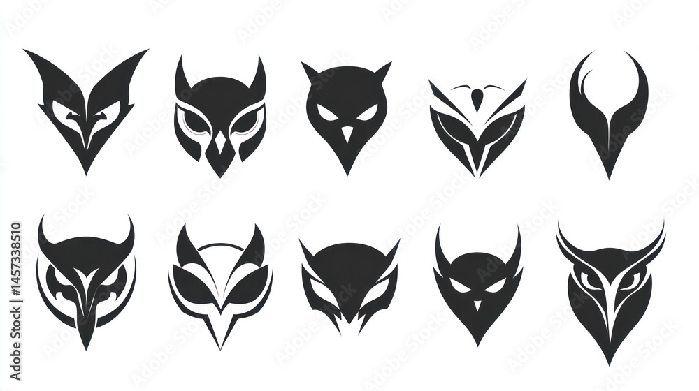 Fototapeta premium Collection of abstract owl head designs. Elegant, modern, and minimalist, in monochrome
