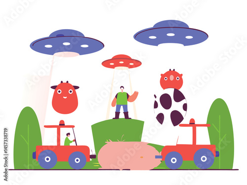 A series of cows, humans, and farm equipment floating mid-air in multiple tractor beams from several UFOs