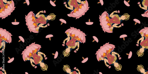 festive seamless pattern with pink goddess lakshmi, lotus flowers and diwali diya lamps on black background – traditional hindu vector design