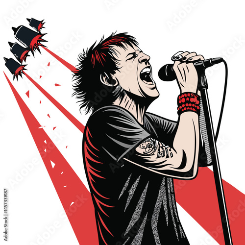 A passionate hardcore vocalist screams into a microphone, his enraged expression captured mid-performance alongside a supportive bandmate.