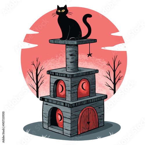 A spooky, dilapidated cat tower, silhouetted against a moonlit night, with glowing eyes peering from every shadowy crevice.