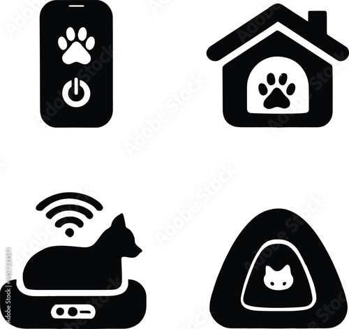 Smart Pet Care Icons – Representation of Technology in Pet Management and Comfort Vector Illustration