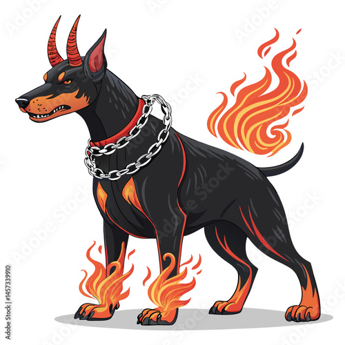 A terrifying hellhound, fiery paws ablaze, demonic horns curving, snarling intensely.  (1) suggests a continuation, perhaps an action or object.