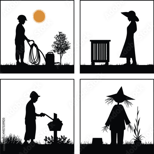 Gardening silhouette illustration set of people gardening and scarecrow vector graphic design 100 character
