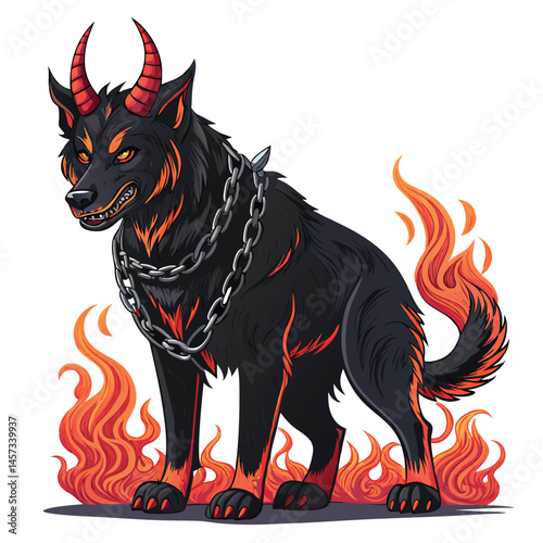 Render a fearsome hellhound, demonic horns curving back, fiery paws ablaze, detailed musculature, menacing expression.