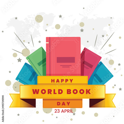 World book day illustration with books and objects related to reading. World book day banner illustration. Creative World book day poster.
