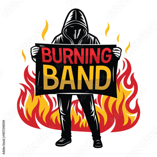 A mysterious hooded figure, shrouded in darkness, dramatically holds aloft a burning band logo sign, flames licking the edges.