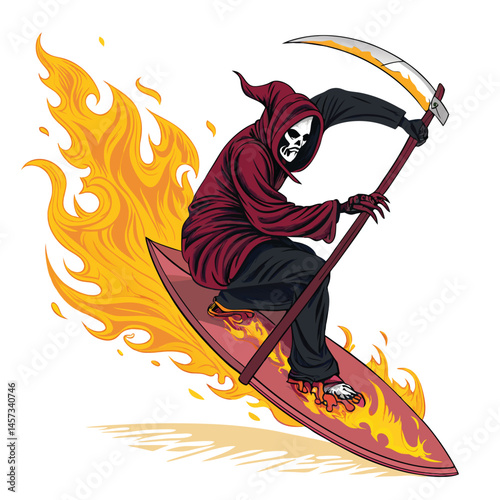 A hooded Grim Reaper, scythe in hand, rides a flaming surfboard across a dark red, fiery ocean.  Intense lighting, dramatic pose.