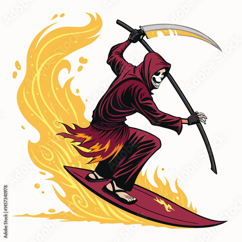 A hooded Grim Reaper, darkly rendered, rides a flaming surfboard across a crimson sea, dark red tones dominant.