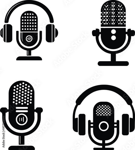 Podcast microphone vector set for audio recording studio broadcast radio interview and communication 100