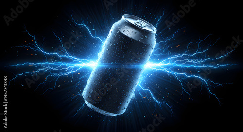 Electrifying refreshment: A sleek can radiates with dynamic energy bursts effect