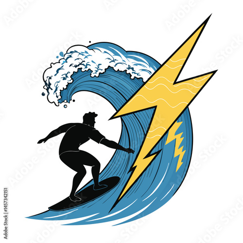 Silhouette of surfer riding a large, dramatic wave shaped like a lightning bolt, dynamic ocean scene, powerful, energetic.