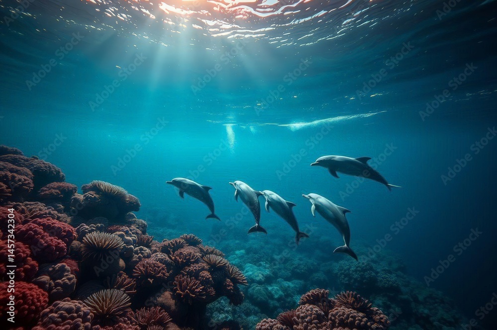 Fototapeta premium Dolphins Play Near Coral Reef