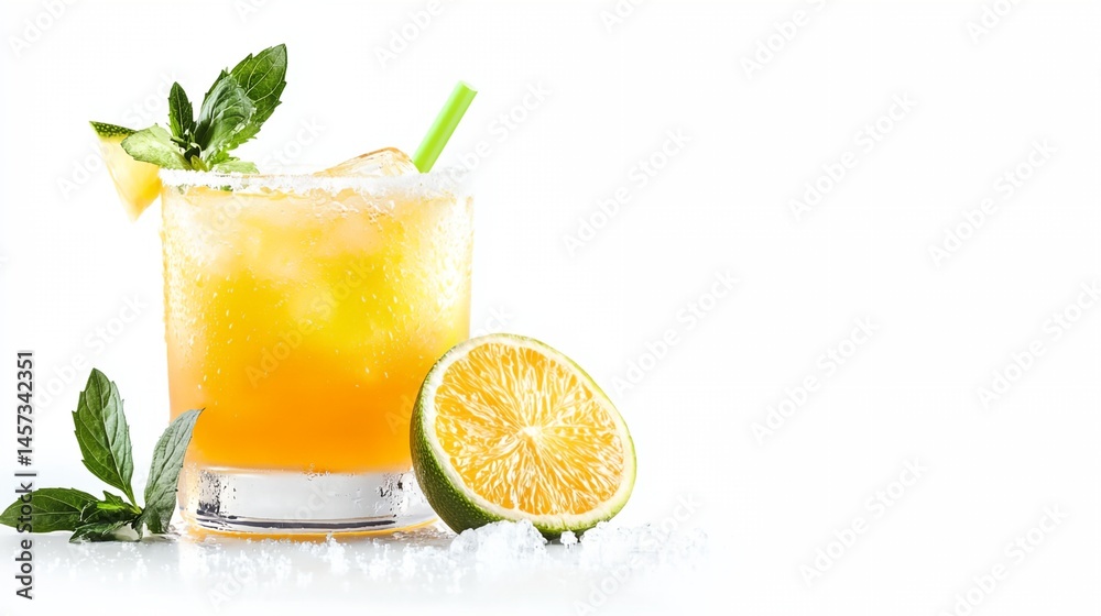 A glass of orange juice with a lime wedge on the side