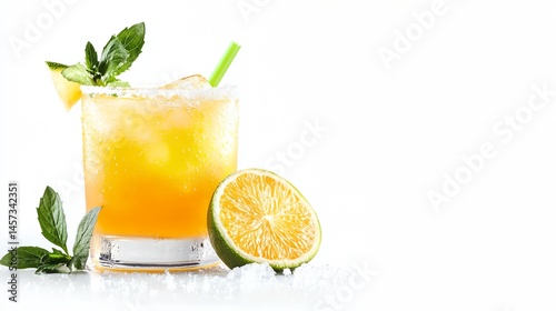 Obraz na płótnie A glass of orange juice with a lime wedge on the side w salonie