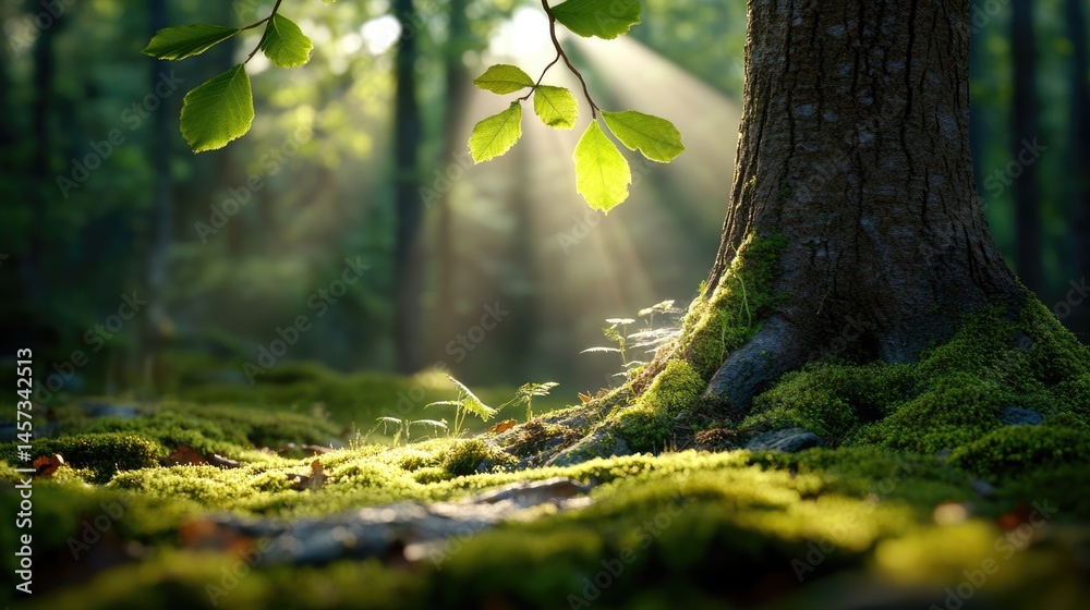 Fototapeta premium Bright sunbeam pierces through the dense canopy, casting long shadows on the mossy forest floor.