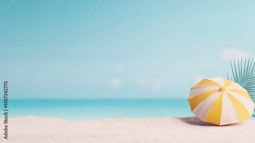 a beach umbrella and a palm tree with blue sky in the background