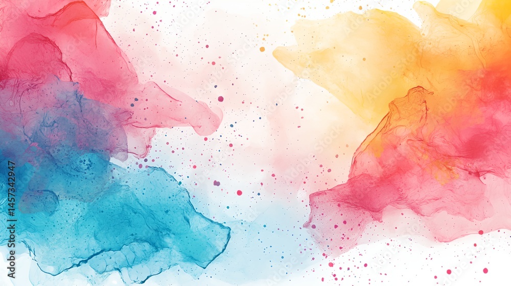 A colorful painting with blue, red, and yellow splatters