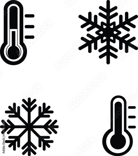 Black and white winter weather icons featuring snowflakes and thermometers for cold season vector design