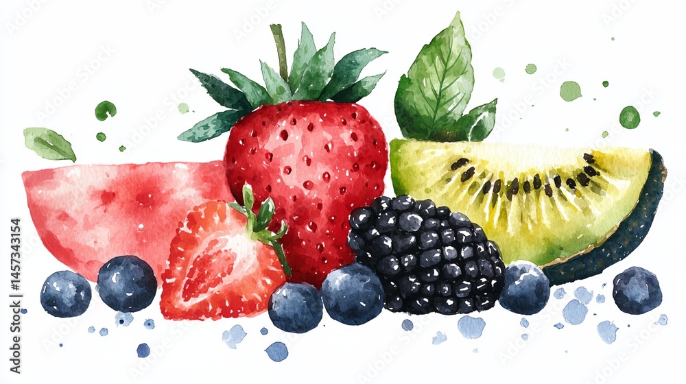 A watercolor painting of a fruit salad
