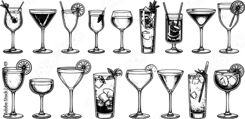 Assorted cocktails collection vector black and white illustration. Various drinks in different glasses with garnishes.