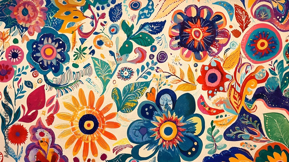 A colorful floral pattern with many different colors and shapes