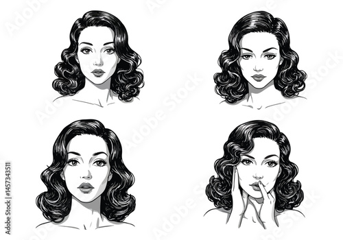 Adobe Illustrator Artwork Monochrome black and white flat vector illustration set of four elegant pin-up girl faces with classic wavy hairstyles. Vintage beauty and expressive emotions in a retro 