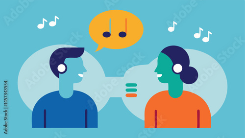 Deep Listening An illustration of two figures sitting together one speaking and the other listening attentively with musical notes surrounding them to show the harmony of effective