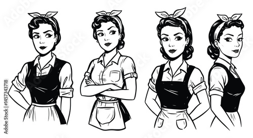 Adobe Illustrator Artwork Monochrome black and white flat vector illustration set of four retro housewives or pin-up girls in aprons. Vintage domestic charm in a classic style