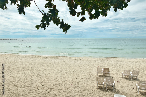 KOH SAMUI, THAILAND - JANUARY 19,2025: Beautiful beach. View of nice tropical beach with white sand ,blue sea and blue sky. Holiday and vacation concept. Tropical beach Chaweng Noi beach, Samui. photo