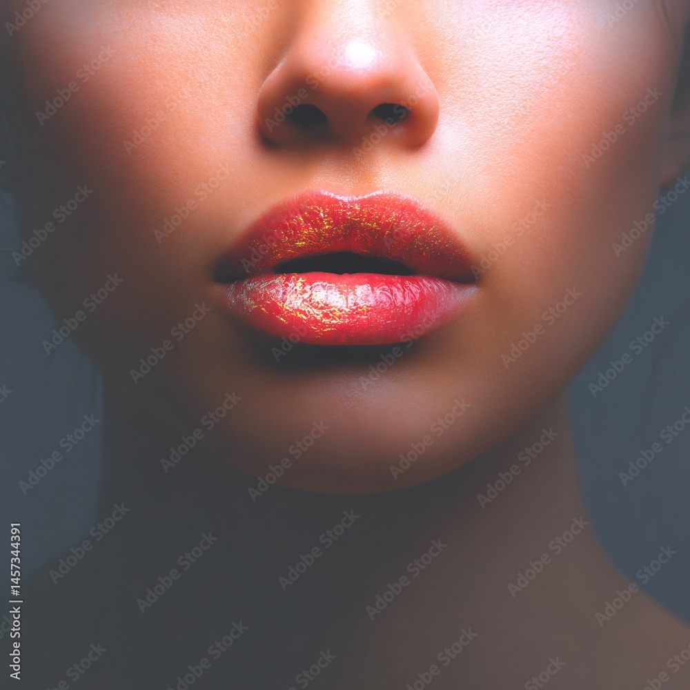 Obraz premium close-up of woman�s lips with metallic copper shade