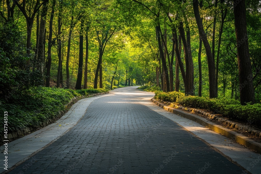 A paved path winds through a lush green forest, sunlight filtering through the trees A paved path winds through a lush green forest, sunlight filtering through the trees