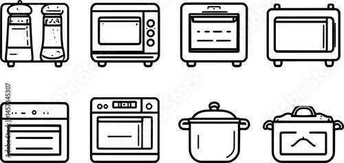 Ready to eat food package line icons. Vector outline illustration with icon - microwave oven, salt shaker, boil, bake, vent tray. Pictogram for semifinished meal prepare instruction. Editable Stroke