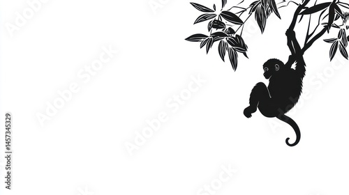 Silhouette of a monkey hanging from tree branches. Black and white image