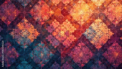 Geometric tapestry pattern, muted tones, subtle sheen, repeat, lines, home decor