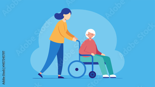 Caregiver Support A scene showing a caregiver helping an elderly person in a wheelchair illustrating the importance of support and compassion in elderly care.