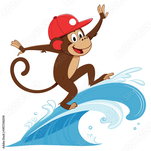 A mischievous monkey wearing a snapback executes a perfect air flip over an ocean wave, showcasing incredible athleticism.