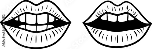 Lips laughing, girl lipstick vector illustration. Mouth expressions in style of hand drawn black doodle on white background. Smile emotions silhouette grunge sketch