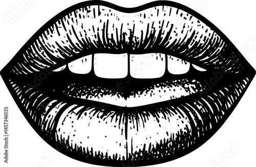 Lips laughing, girl lipstick vector illustration. Mouth expressions in style of hand drawn black doodle on white background. Smile emotions silhouette grunge sketch