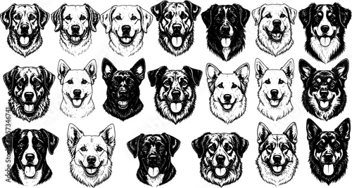 Dog breeds heads vector illustration. Pet portrait in style of hand drawn black doodle on white background
