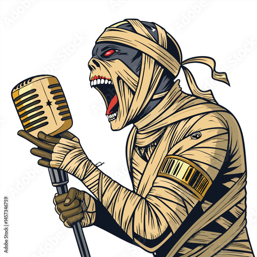 A meticulously detailed rendering of a mummified vocalist, bandages slightly askew, screaming passionately into a gleaming, antique golden microphone.