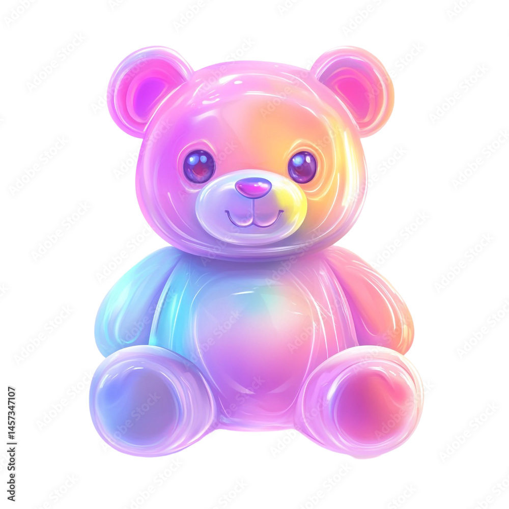 Obraz premium A pastel iridescent teddy bear toy sits against a black background its design is smooth and glossy