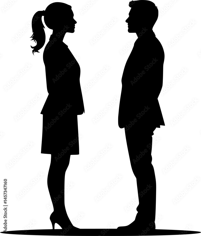 Vector silhouettes of a man and a woman, a couple of business people standing in profile, looking up, black color on a white background Vector silhouettes of a man and a woman, a couple of business people standing in profile, looking up, black color on a white background