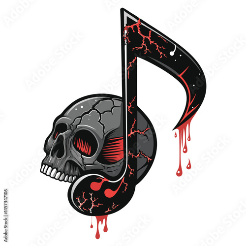 Create a detailed illustration of a cracked and bleeding skull-shaped musical note.  Focus on the texture and detail of the skull and blood.