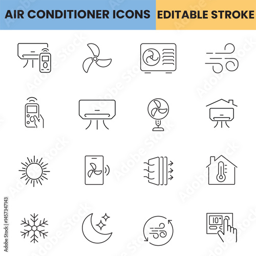 Air conditioner icon set, cooler, compressor, fan, Ac, thermometer, temperature, snowflake, humid, customizable stroke, vector, illustration