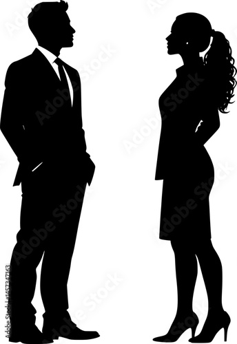Vector silhouettes of a man and a woman, a couple of business people standing in profile, looking up, black color on a white background