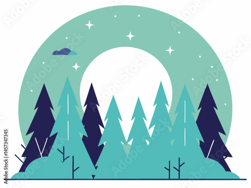 Forest under a starless sky, with the silhouette of the new moon hidden among pine trees.