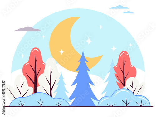 Forest under a starless sky, with the silhouette of the new moon hidden among pine trees.
